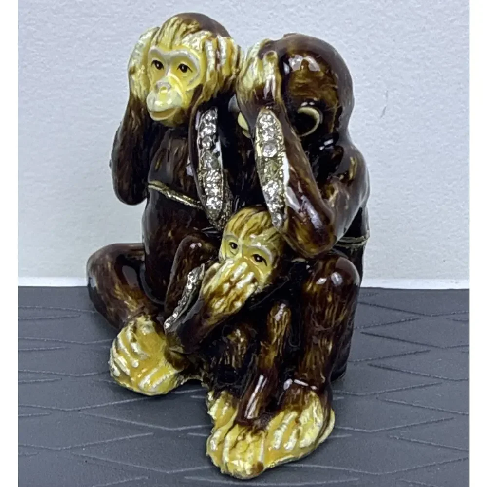 Three WISE MONKEYS Magnetic Trinket Box with Crystals 2.25”